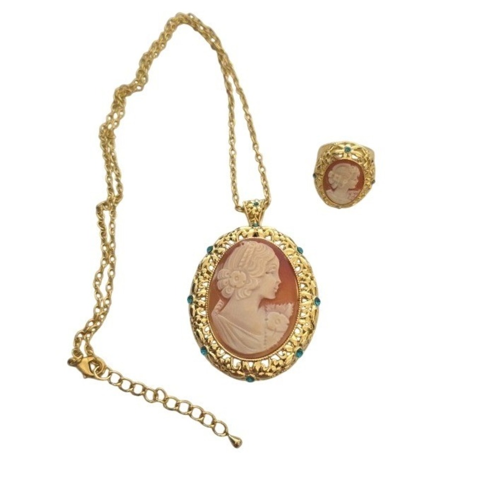Amedeo Cameo Jewelry Set Gold Tone Pendant Brooch Necklace and Statement‎ Ring